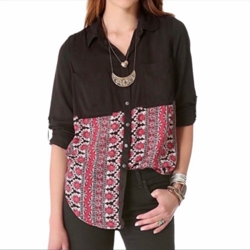 Free People Welcome To The Jungle Button Down Top Black & Red Floral